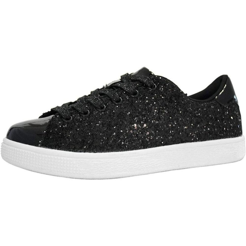 Women's Black PU Glitter Lace up Sparkly Comfortable Fashion Sneakers